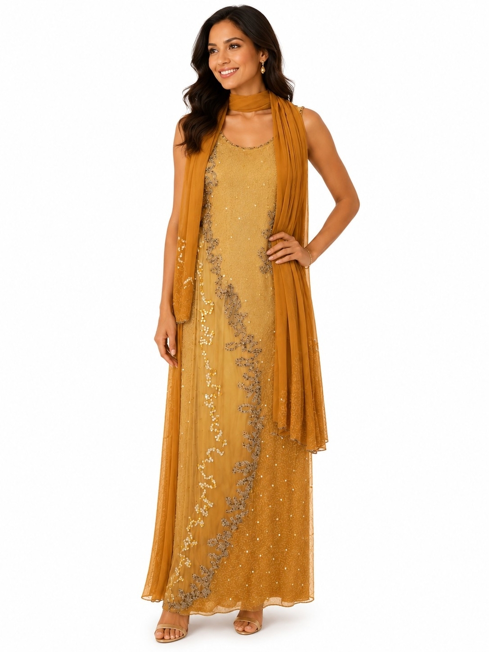 DUSK TILL DAWN Exquisite Beaded Mustard Yellow Indian Gown Set with Chiffon Shaw